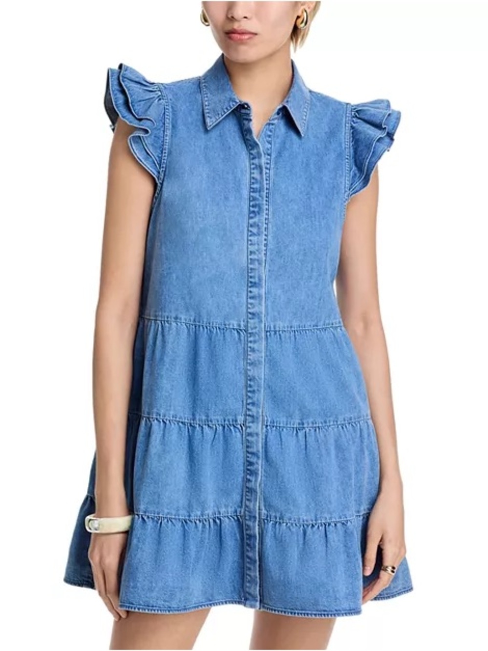 Alice + Olivia Denim Tiered Ruffle-Sleeve Mini Dress — Light Blue